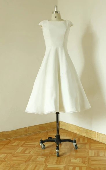 Zipper 3-4-Length Wedding Cap-Sleeve Jewel Satin Back Dress