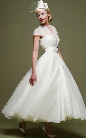 vintage A-line Ankle-length Dress With Illusion And belt