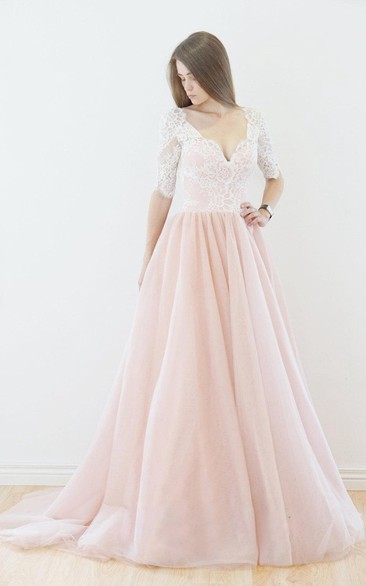 Tulle Deep-V Back Half-Sleeve Multi-Color Lace Dress