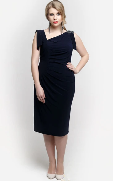 Knee-Length Applique Column Asymmetric-Neckline Dress