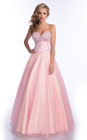 Sweetheart A-line Tulle Satin Ball Gown With Beading
