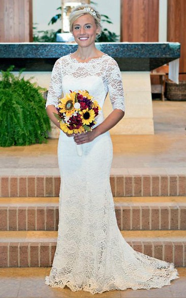 Scoop Lace Illusion Half Sleeve Wedding Dress