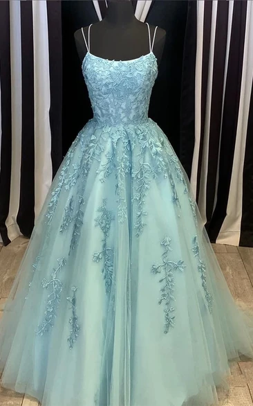 Casual Ball Gown Lace Floor-length Sleeveless Open Back Prom Dress with Appliques