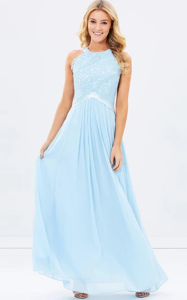 Jewel-Neck Sleeveless Chiffon Pleated Dress With Appliqued top