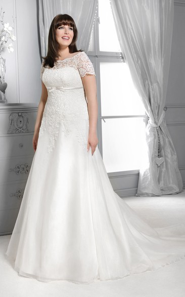 Bateau Short Sleeve Lace A-line Satin plus size wedding dress With Appliques And Sweep Train