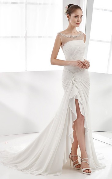 Scoop-neck Ruched Sheath Dress With Beading And Split Front