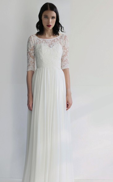 Simple Sheath Chiffon Bateau Half-Sleeve Pleated Wedding Dress