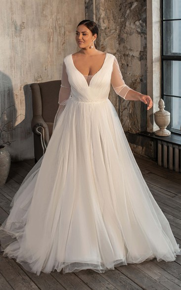 Beautiful Tulle A Line V-neck Court Train Wedding Dress with Ruching