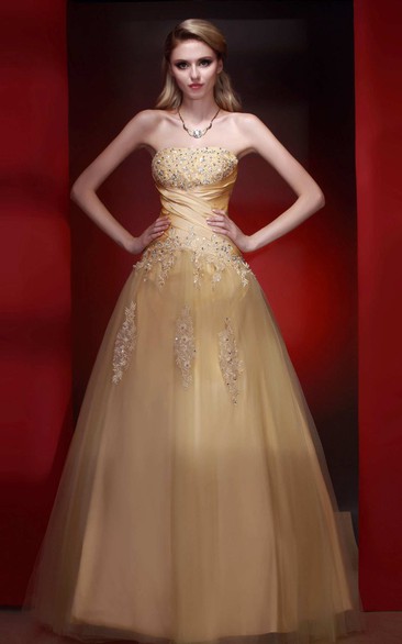 A-line Floor-length Strapless Tulle Dress with Appliques