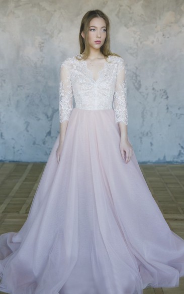 Lace 3/4 Sleeve Tulle Wedding Gown With V-neck