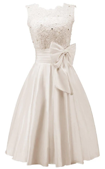 Bateau Sleeveless Satin short A-line Wedding Dress With bow And Corset Back