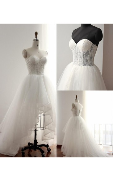 Sweetheart High-low Tulle A-line Wedding Dress With Lace And Sweep Train