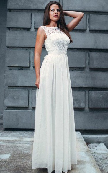 Bateau Sleeveless Floor-length Pleated Dress With Lace top And bow