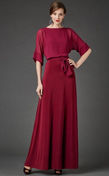 Chiffon Satin Sash Short-Sleeve Bateau-Neckline Dress