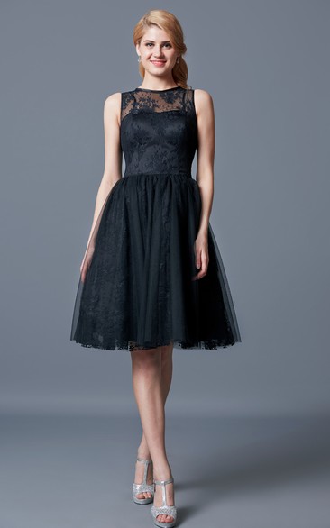 Knee-Length Lace Illusion-Neckline Bridesmaid Dress