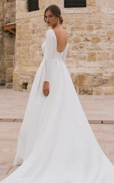 Long Sleeve Minimalist Crepe Ball Gown Backless Casual Wedding Dress