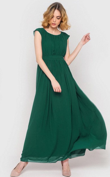 sheer Scoop-neck Cap-sleeve Ankle-length Dress With Pleats