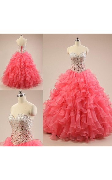 Long Organza Sequined Sweetheart Jeweled Lace-Up Ruffled Lace Dress