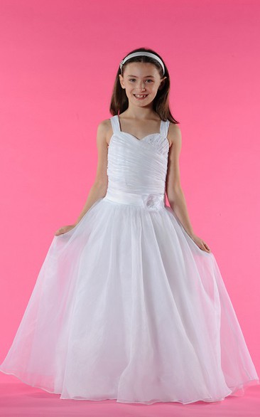 Double Strapped Pearls Organza Floral-Waist Flower Girl Dress
