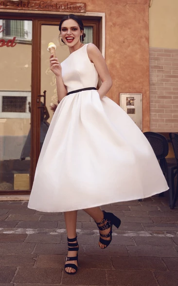 Vintage Tea-length Sleeveless Satin Wedding Dress With Keyhole Back And Ruching Details