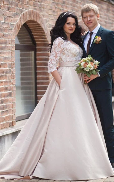 V-Neck Illusion Long Sleeve A-Line Satin Appliqued Plus Size Wedding Dress