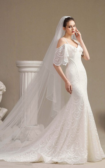 Off-the-shoulder Fancy Cute Lace Mermaid Wedding Dress With Straps And Half Sleeves