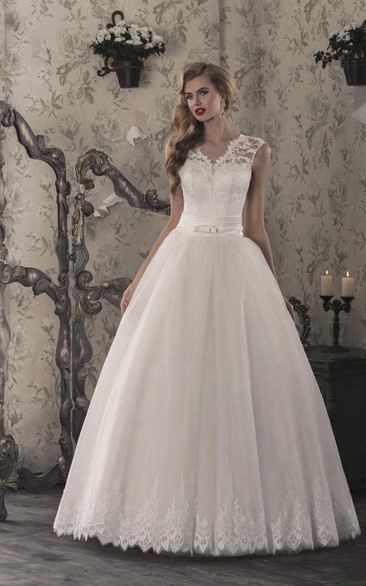 V-neck Lace Cap-sleeve Ball Gown Wedding Dress With Beading And Pleats
