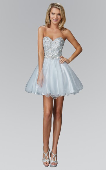 A-Line Satin Tulle Jeweled Short Mini Strapless Sweetheart Sleeveless Dress