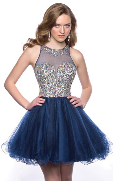 Tulle Sleeveless Jewel Neck Homecoming Dress With Polychrome Bodice