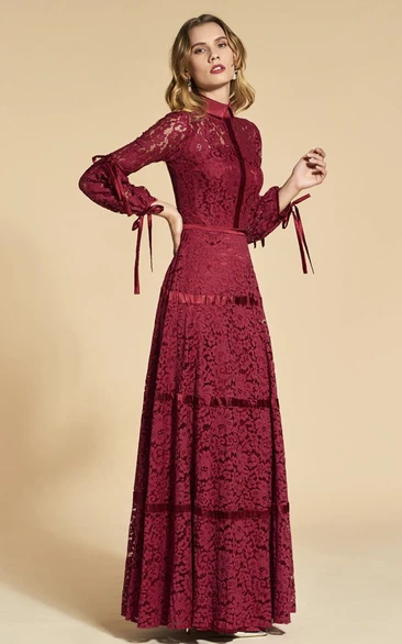 Vintage Lace 3/4 Sleeve High Neck Sheath Dress With Bows Appliqued