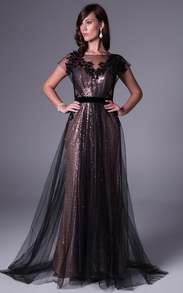 Maxi Bateau Short-Sleeve Appliqued Sequins Prom Dress With Sweep Train And V Back