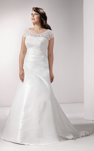 Scoop-neck Short Sleeve Satin A-line Wedding Dress With Lace And Ruching