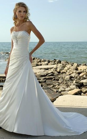 Strapless Satin A-line side-ruched Wedding Dress With Corset Back And Sweep Train