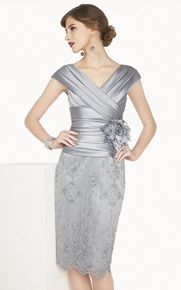 Satin V Neck Cap Sleeve Sheath Knee Length Lace Dress With Flower Shown In Silver