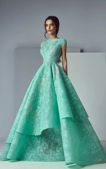 Jewel-neck Cap Ball Gown Formal Lace Spa Evening Dress