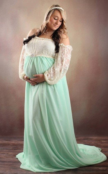 A-line Off-the-shoulder Pleated Ruched Long Sleeve Chapel Train Chiffon Lace Maternity Dress