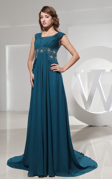 Bateau-Neckline Jeweled Waist Chiffon Sleeveless Dress