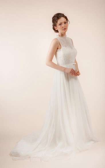 A-Line Sheer Back Bridal Sleeveless Long Tulle Dress