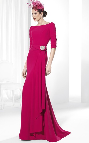 A Line Scoop Half Sleeve Floor-length Chiffon Evening Dress with Broach and Draping