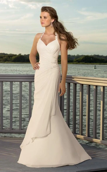 Halter Bridal V-Neckline Column Chiffon Dress