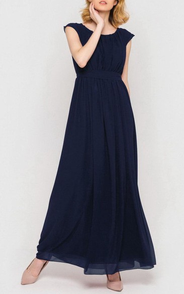Scoop-neck Cap-sleeve Ankle-length Chiffon Dress With bow