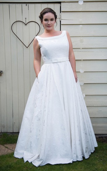 Bateau-Neckline Satin Floor-Length A-Line Lace Sleeveless Dress
