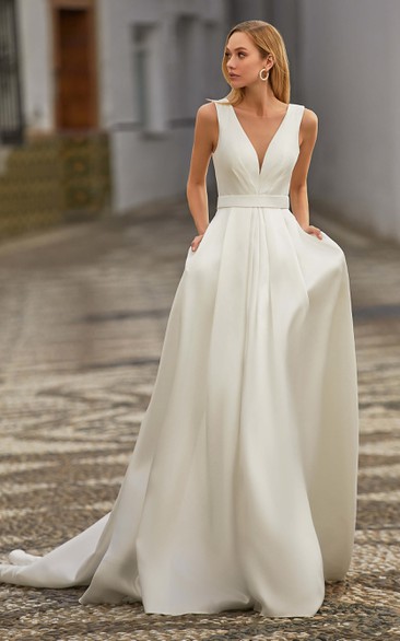 Elegant Satin A Line V-neck Court Train Wedding Dress with Pockets