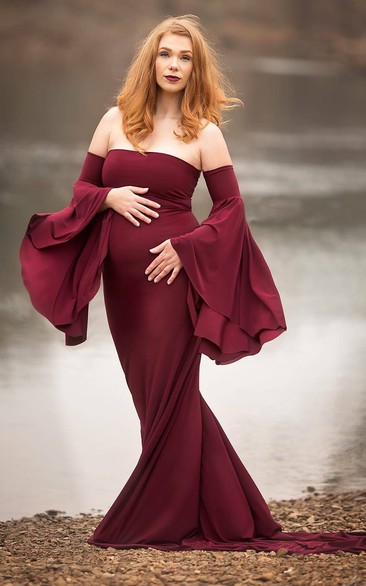 Strapless Long Sleeve Pleated Ruched Ruffled Maternity Dress