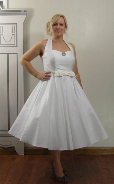Taffeta Satin Bow Sash Sleeveless Tea-Length Gown