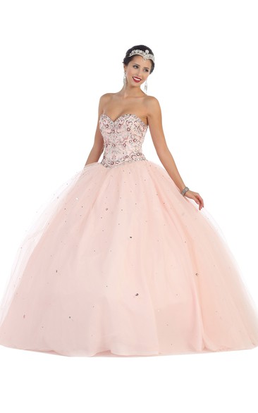 Sweetheart Jeweled Strapless Sleeveless Lace-Up-Back Tulle Ball Gown