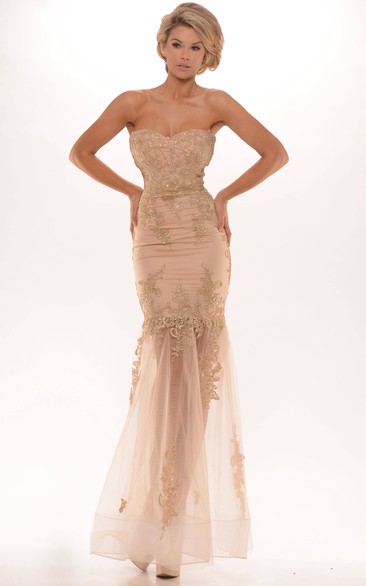 allure Strapless Trumpet Tulle Dress With Lace Appliques 