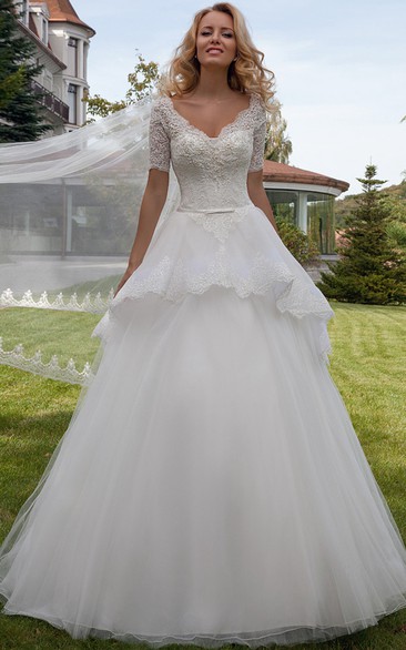 V-neck Short Sleeve A-line Ball Gown Wedding Dress With Peplum And Lace