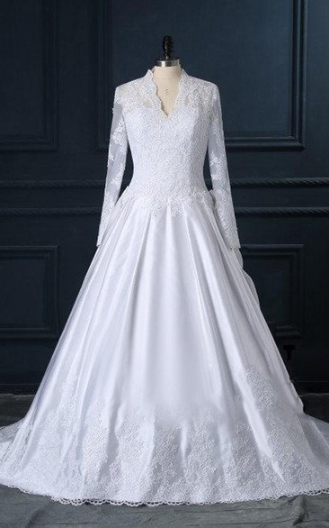 Lace Button Long-Sleeve V-Neckline Wedding Gown