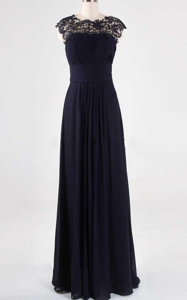 Scoop-neck Cap-sleeve A-line Chiffon long Dress With Appliques And Keyhole